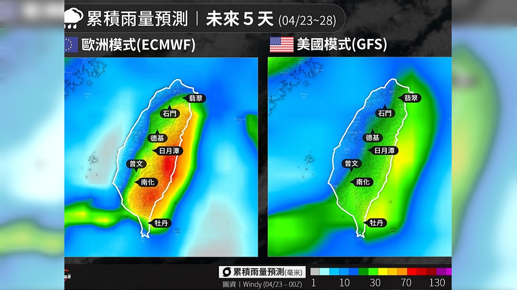 台灣7大水庫近5日累積雨量預測。（圖／翻攝自台灣颱風論壇｜天氣特急）