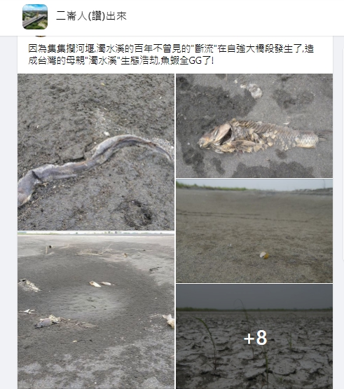 民眾PO出濁水溪斷流及魚類陳屍河床照片。(圖/翻攝自臉書社團「二崙人(讚)出來」)