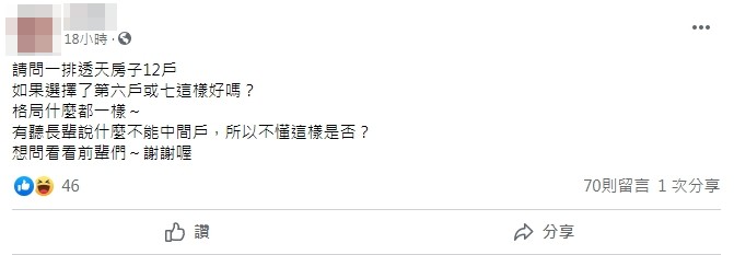 網友上網詢問若購買中間戶房屋會有何影響。(圖/翻攝自「買房知識家(A你的Q)」)
