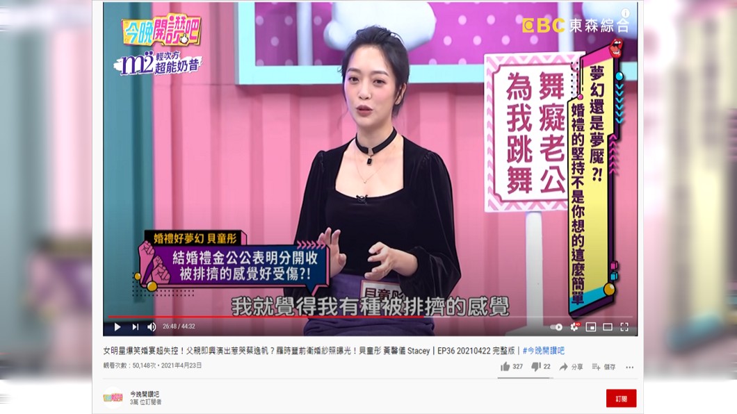 公公主張禮金分開收,讓貝童彤自覺遭到排擠。(圖/翻攝自今晚開讚吧YouTube頻道)
