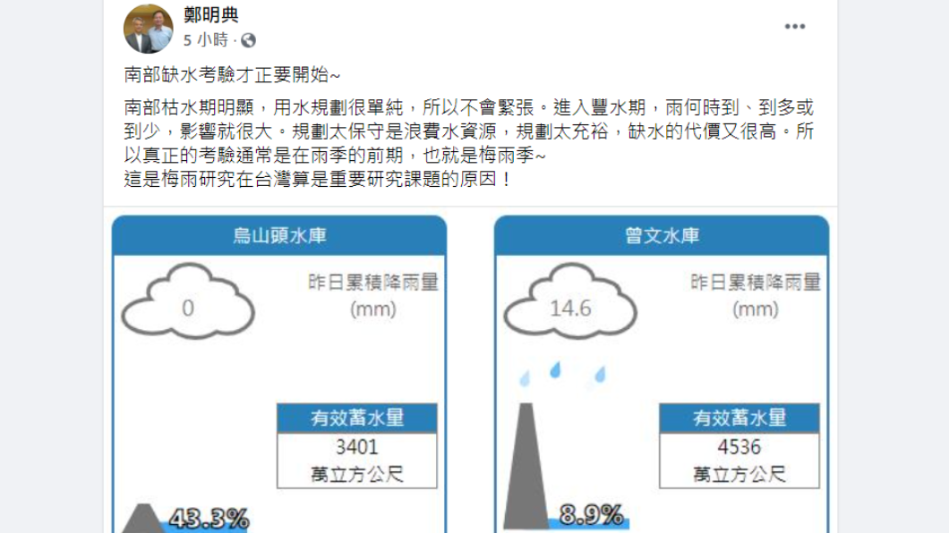 鄭明典稱梅雨季才是南部考驗的開始。(圖/翻攝自鄭明典臉書)