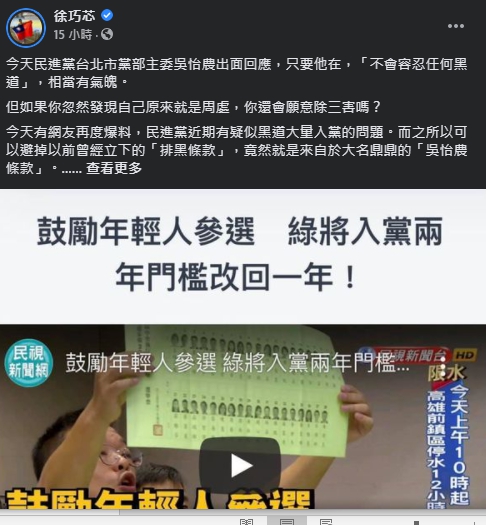 徐巧芯在臉書質疑民進黨放寬年輕人入黨,是否知道這些人的身分背景。(圖/翻攝徐巧芯臉書)