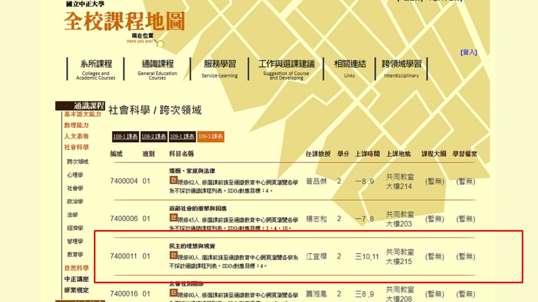 中正大學公布的課程「民主的理想與現實」中,任課教授為江宜樺。(紅框處)(圖/翻攝自中正大學官網)