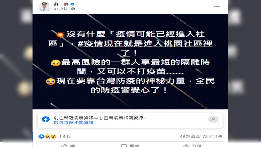 蘇一峰直言,疫情已進入桃園社區。(圖/蘇一峰授權報導)