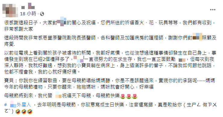 男童母親淚盼兒子能夠早日醒過來。(圖/翻攝自男童母親臉書)