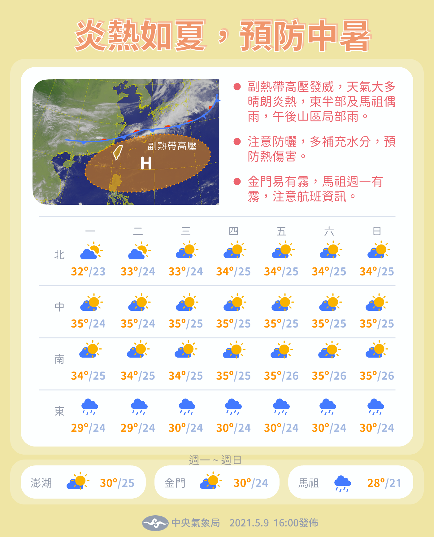 中央氣象局預測未來一週全台高溫炎熱。(圖/翻攝自「報天氣 - 中央氣象局」臉書)