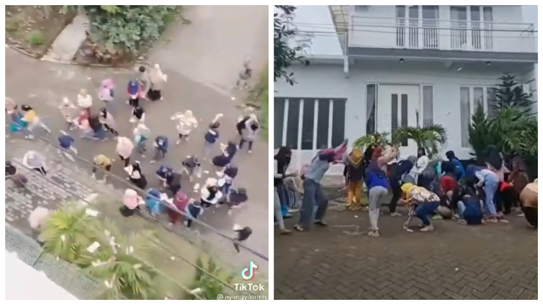 員工們紛紛在樓下等著撿拾。(圖/翻攝自推特)