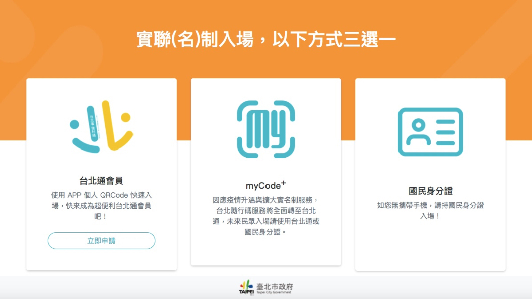實聯(名)制入場方式。(圖/翻攝自台北市政府官網)