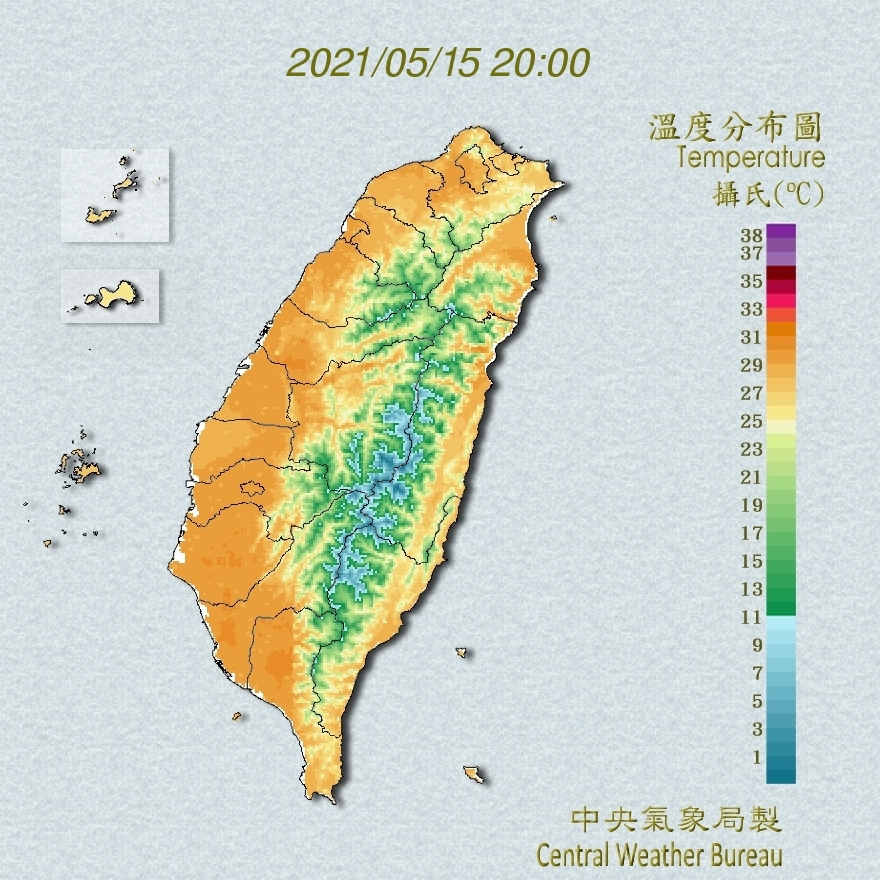 今日溫度分布圖。(圖/翻攝自中央氣象局)