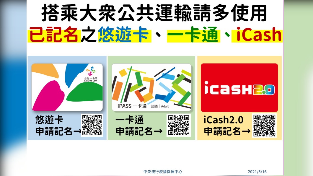 搭乘大眾公共運輸請多使用已記名之悠遊卡、一卡通、iCash。(圖/中央流行疫情指揮中心提供)