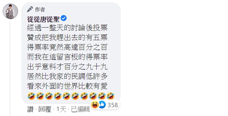 唐從聖透露投票結果。（圖／翻攝自唐從聖臉書）