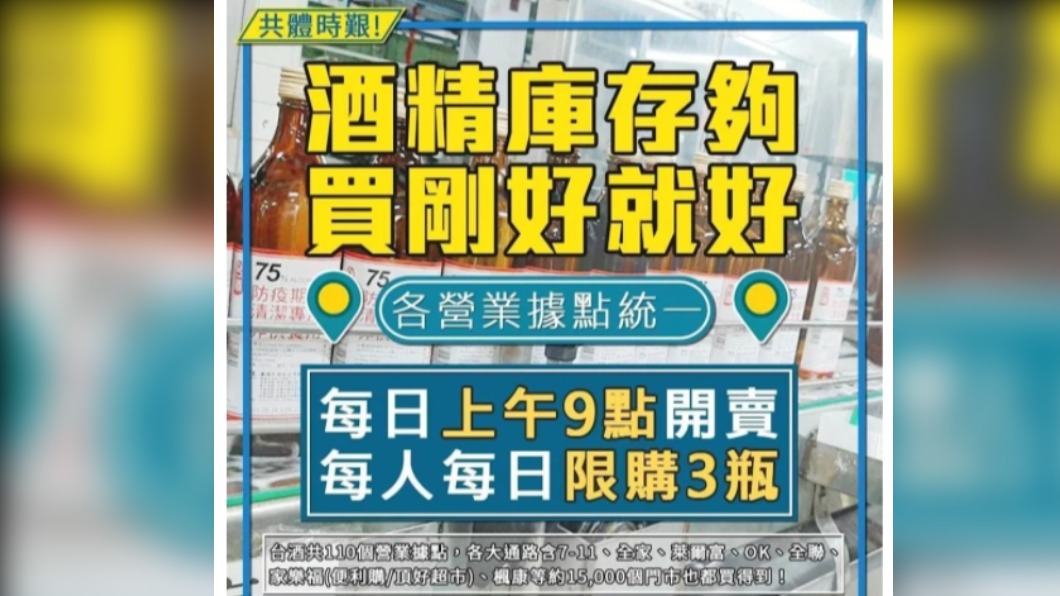 300ml防疫酒精 台酒週一至週五9時開賣每人限3瓶