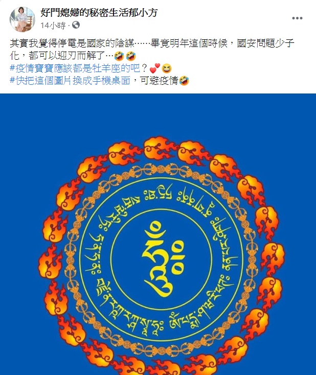 郁方驚語停電是國家的陰謀。(圖/翻攝自好門媳婦的秘密生活郁小方臉書)