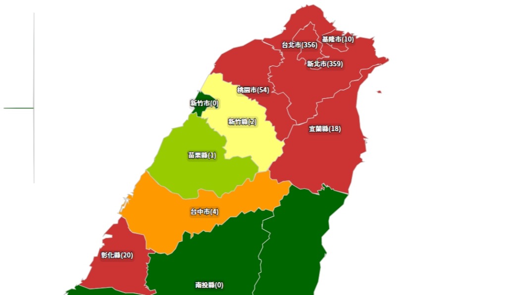 北部幾乎淪陷轉紅燈(圖片數據截至5/18日04:46)。(圖/翻攝自疾管署網站)