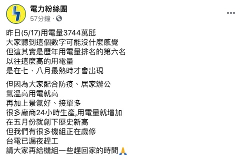 5月17日用電量3744萬瓩。(圖/翻攝自電力粉絲團Facebook)