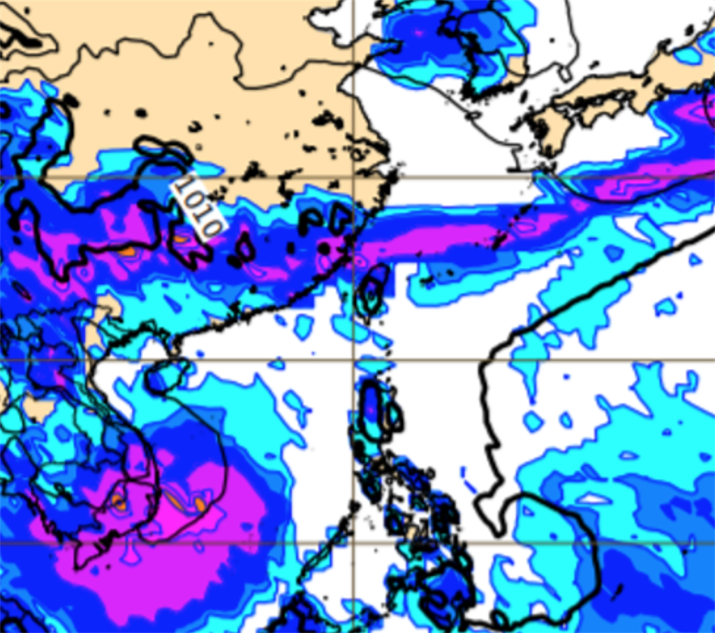 歐洲模式模擬下週台灣將出現典型梅雨滯留鋒面。（圖／翻攝自ECMWF）