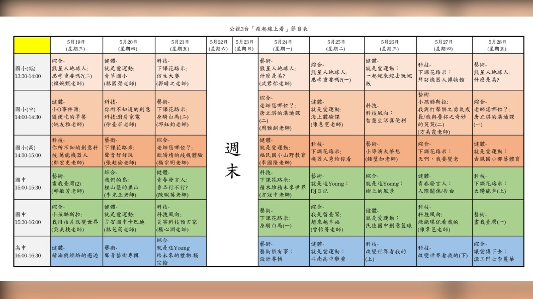 公視3台「疫起線上看」節目表。(圖/翻攝自「公視粉絲團」臉書)