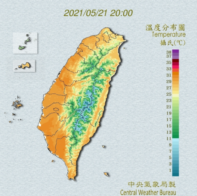 21日溫度分布圖。(圖/翻攝自中央氣象局)