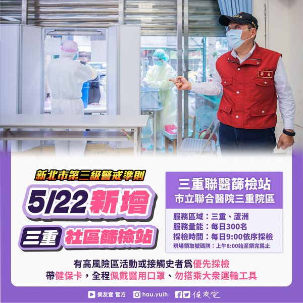 今日新北市成立三重社區篩檢站，明日將新增板橋、中和機動篩檢站（圖／翻攝自侯友宜臉書）