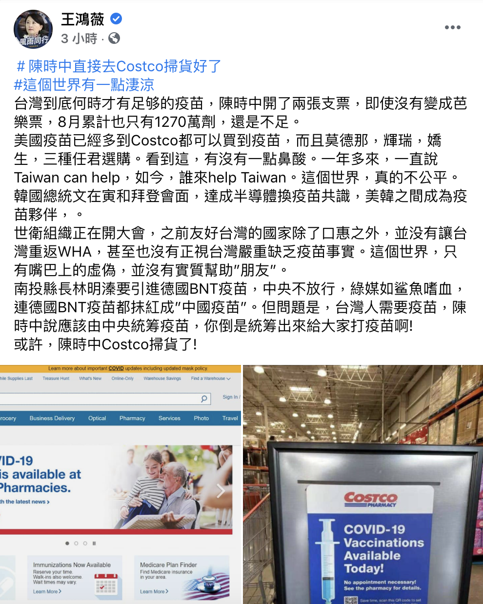 貼文引發網友熱議。（圖／翻攝自王鴻薇臉書）