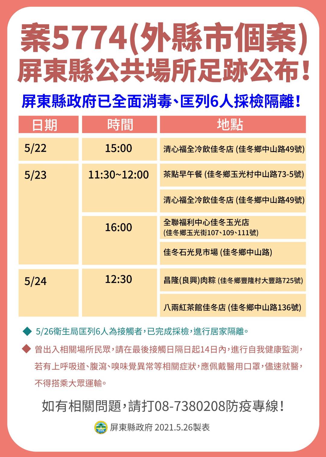 案5774屏東縣公共場所足跡公布。(圖/屏東縣政府)