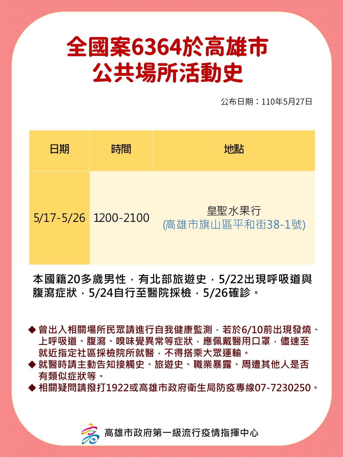 全國案6364於高雄市公共場所活動史。(圖/高雄市政府)