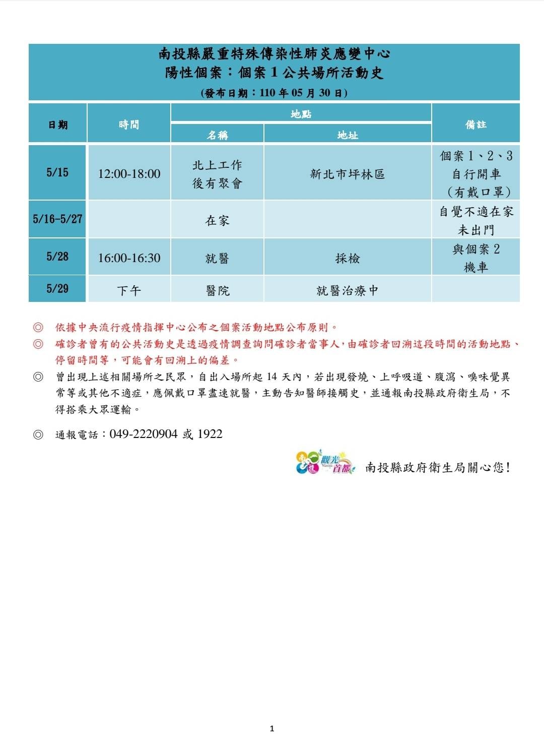 個案一足跡表。(圖/南投縣政府)