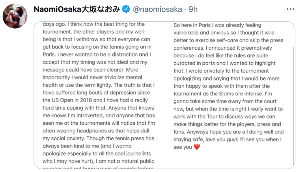 大坂直美推特發文。(圖/翻攝自大坂直美推特)