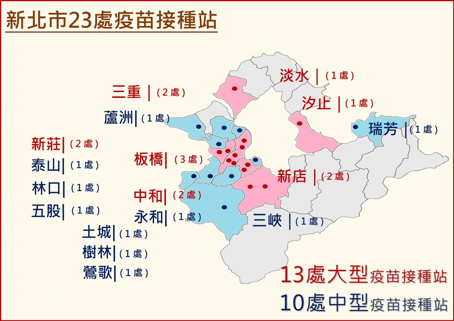 新北市23處疫苗接種站地圖。(圖/新北市政府提供)