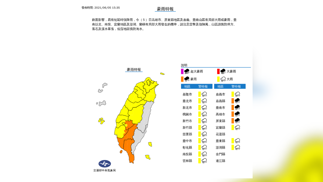 氣象局今(5)日發布豪大雨特報。(圖/氣象局)