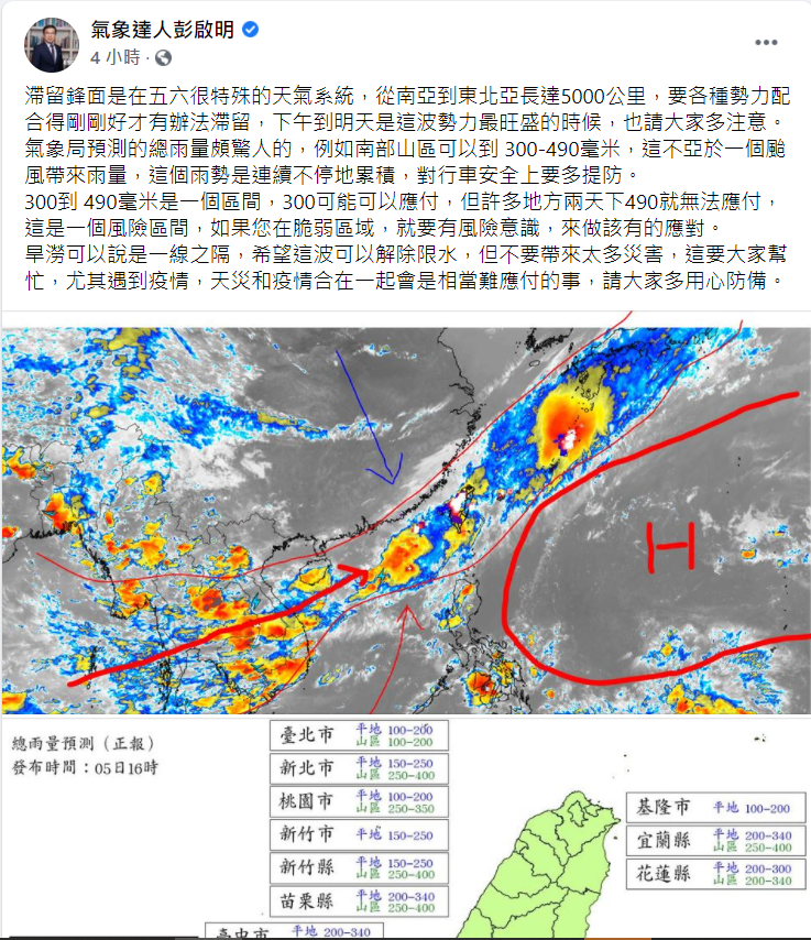 彭啟明直言，此次鋒面帶來的雨勢，不亞於一個颱風。（圖／翻攝自氣象達人彭啟明臉書）