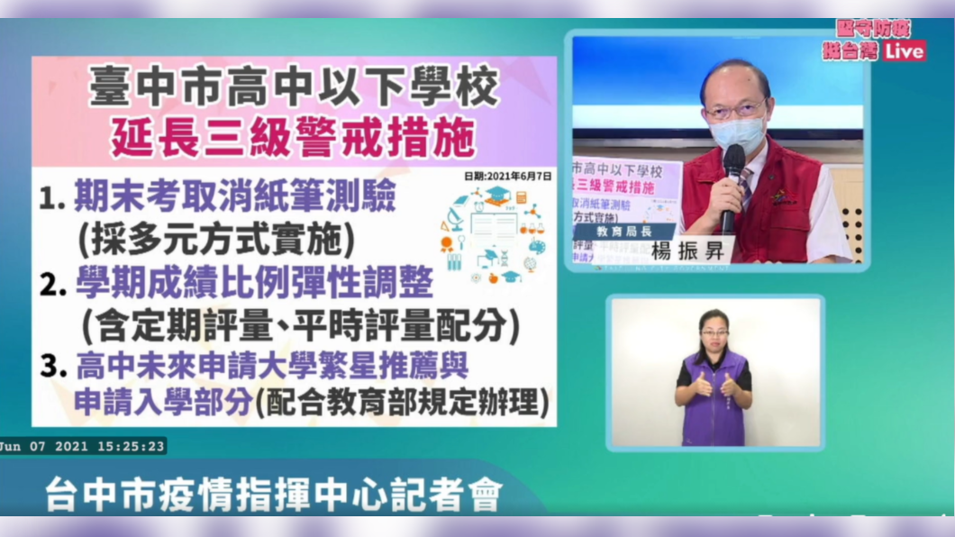 楊振昇宣布台中高中以下學校延長三級警戒措施。（圖／翻攝自盧秀燕臉書）