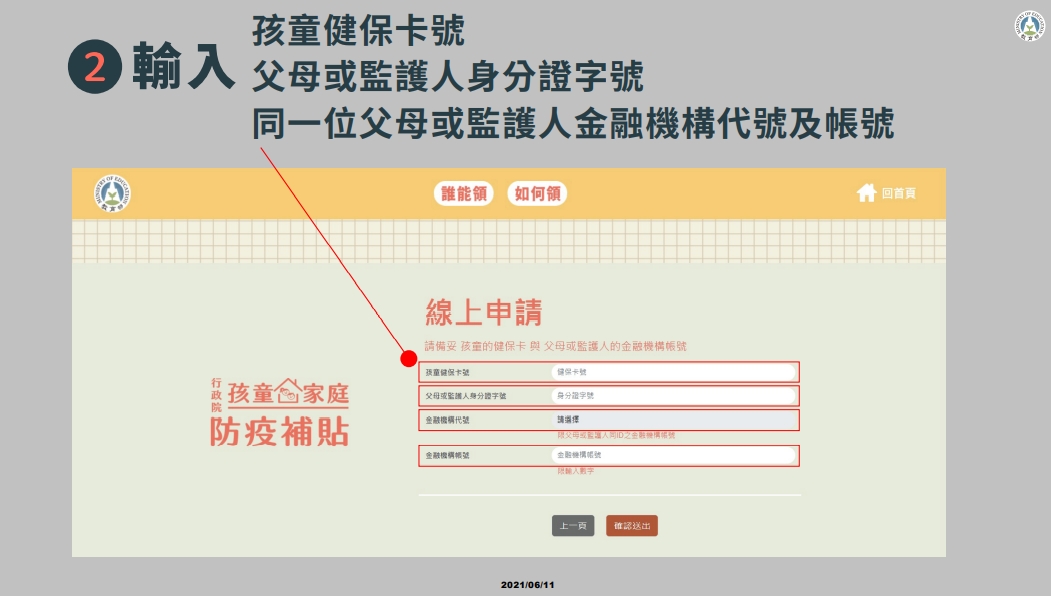 接著輸入孩童健保卡號、父母或監護人身分證字號、同一位父母或監護人的金融機構代號及帳號。（圖／教育部提供）