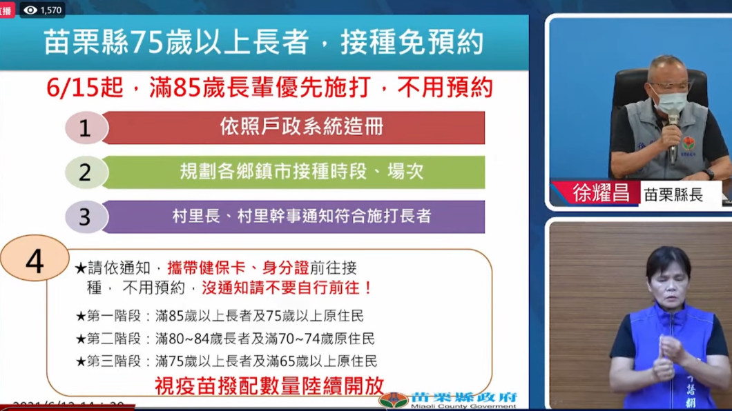 苗栗縣將針對85歲以上長者優先施打。(圖/苗栗縣政府提供)