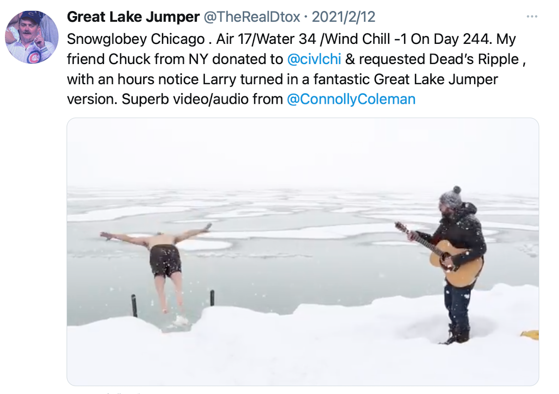 歐康納即便在冬天,也持續進行跳湖行動(圖/翻攝自Great Lake Jumper推特@TheRealDtox)