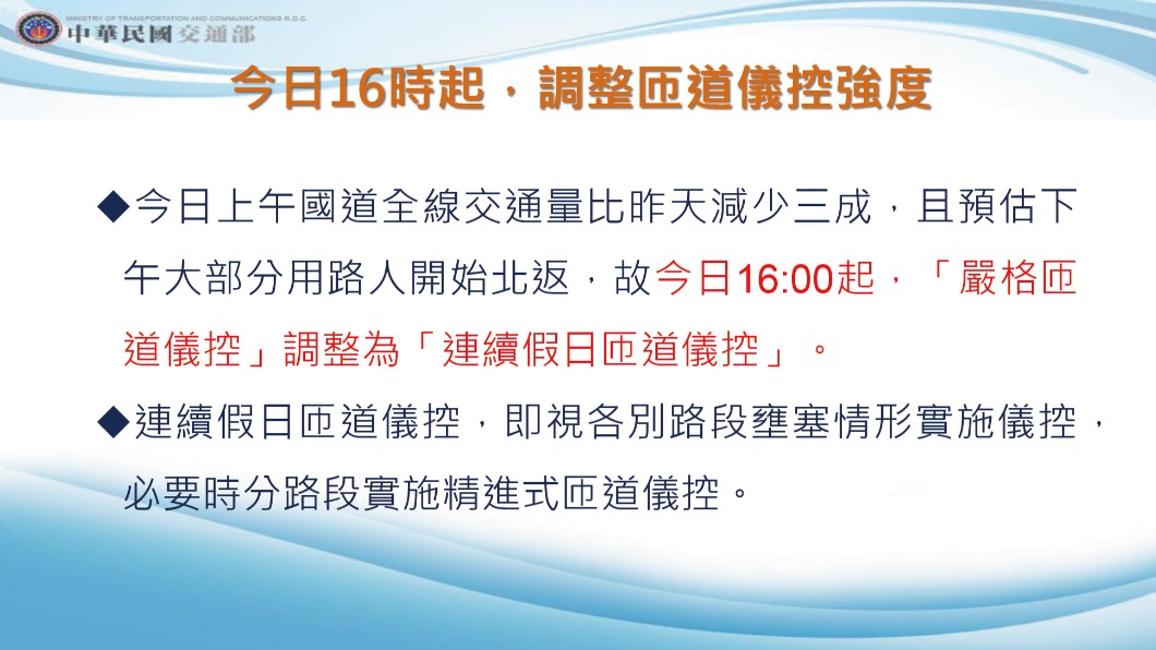 匝道控管將調整為連續假日模式。(圖/交通部提供)