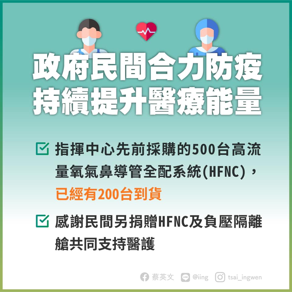 中央向民間說明,目前HFNC採購進度。(圖/翻攝自蔡英文 Tsai Ing-wen臉書)