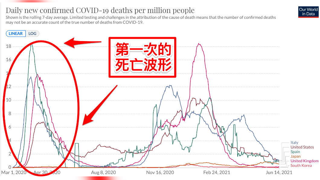 各國的死亡波形。(圖/翻攝自「黃軒醫師 Dr. Ooi Hean」臉書)