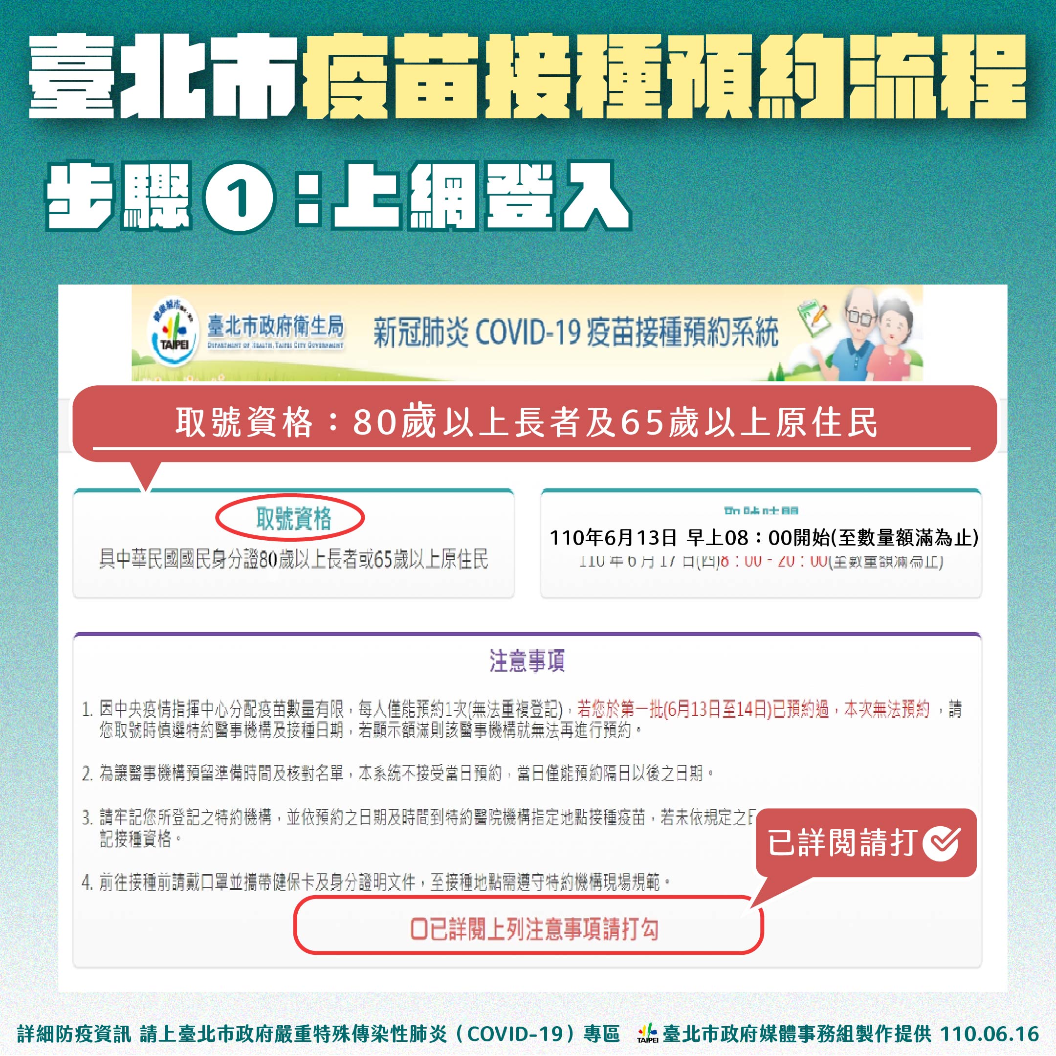台北市疫苗接種預約流程步驟一。(圖/台北市政府)