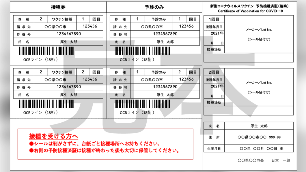 日本接種券範本。(圖/翻攝自厚生勞動省官網)