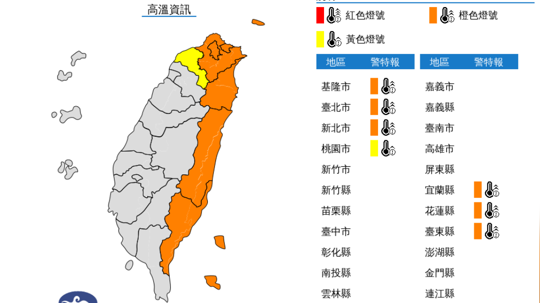 氣象局針對7個縣市發布高溫警示。(圖/中央氣象局)