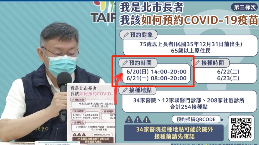 北市下午開放75歲以上長輩預約接種　柯強調：準時來就好