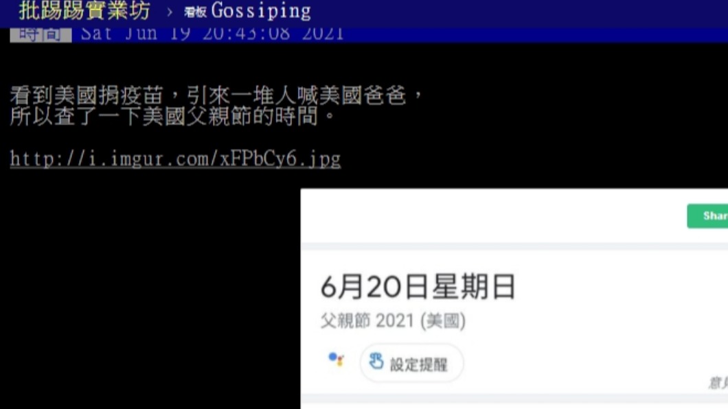 網友發現美國贈疫苗日期是美國父親節。(圖/翻攝自PTT)