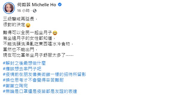 何如芸認為在家防疫比坐月子幸福。(圖/翻攝自何如芸臉書)