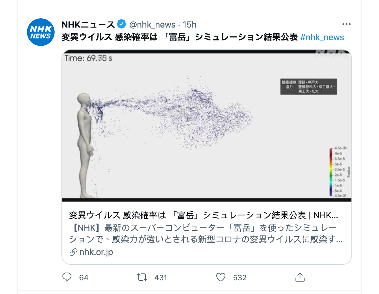 「富岳」超級電腦測新冠病毒傳播力。(圖/翻攝自《NHK》推特)