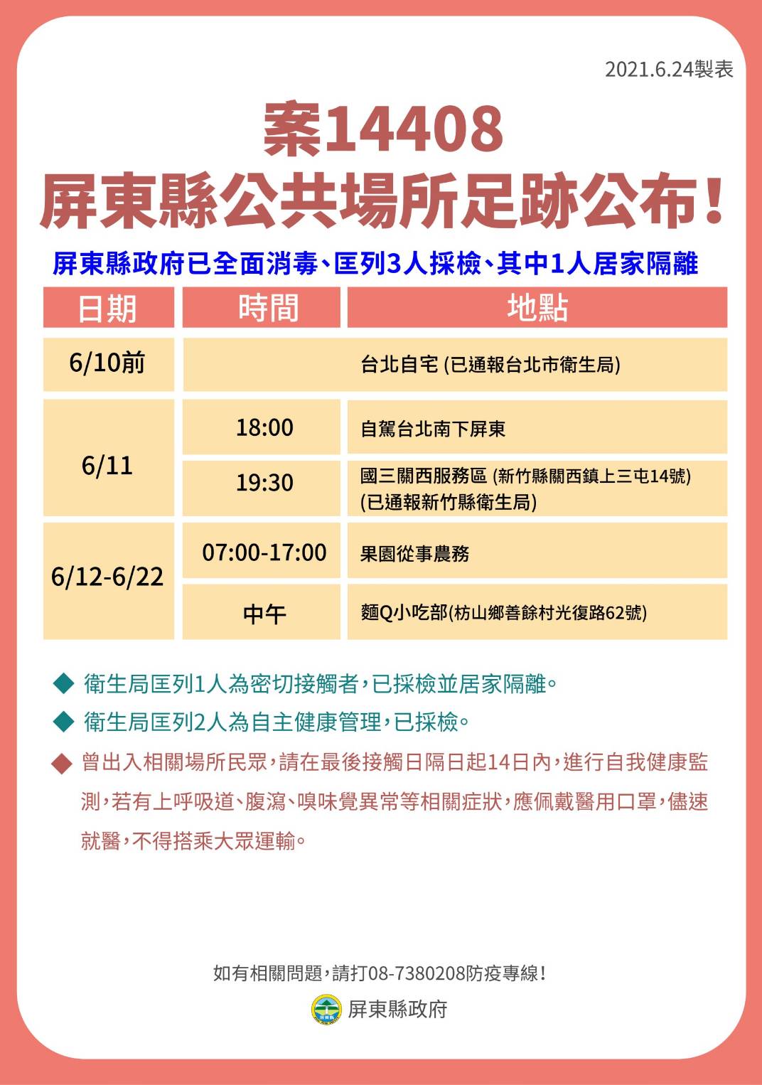 案14408屏東縣公共場所足跡公布。（圖／屏東縣政府）