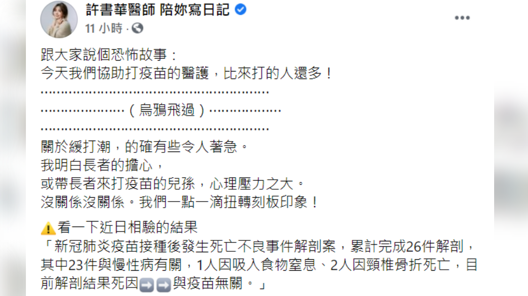許書華在臉書發文,以一個「恐怖故事」來形容疫苗的緩打潮。(圖/翻攝自許書華醫師 陪妳寫日記臉書)