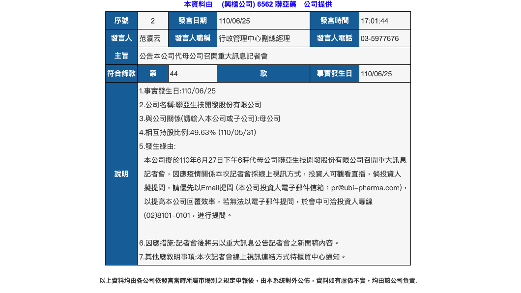 聯亞發布記者會預告。（圖／翻攝自公開資訊觀測站）