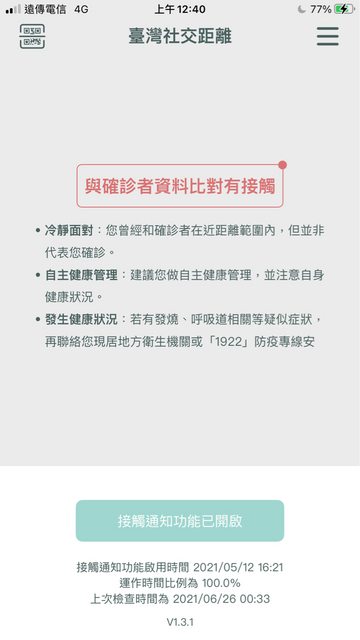 原PO被「臺灣社交距離」App通知,日前與確診者接觸6分鐘。(圖/翻攝自PTT)