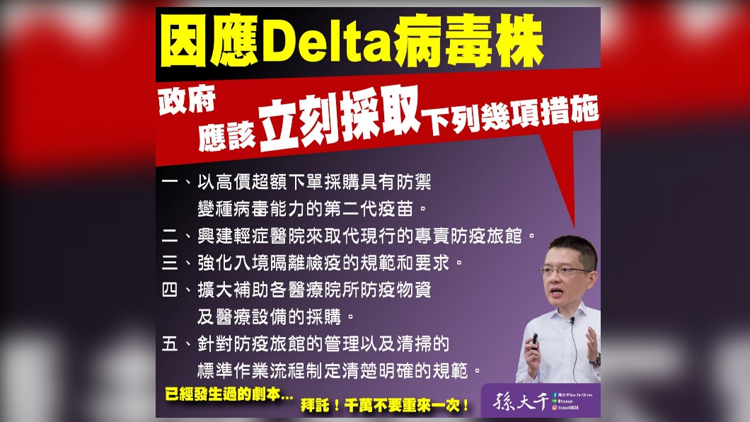 因應Delta病毒,孫大千認為政府應立刻採取五點措施。(圖/翻攝自孫大千臉書)